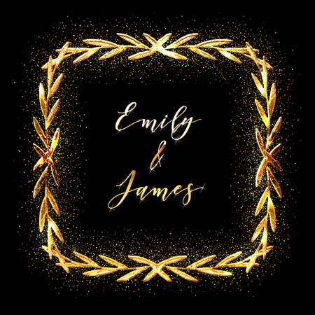 Golden Glittering Frame A with Floral Hand Drawn Border. Wedding invitation and RSVP Laurel design. Shimmering Luxury Circle Natural Element for Greeting Card Design.のイラスト素材