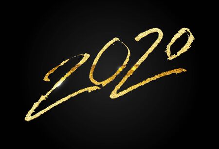 Happy New Year 2020 Golden Glittering Banner or Greeting Card Template. Calligraphic Numbers Hand...
