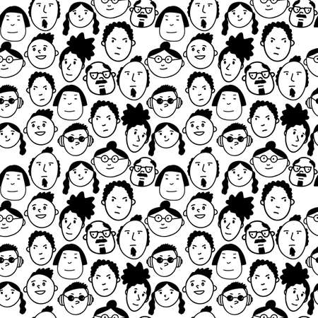 Doodle character faces hand drawn set. Funny people characters.のイラスト素材