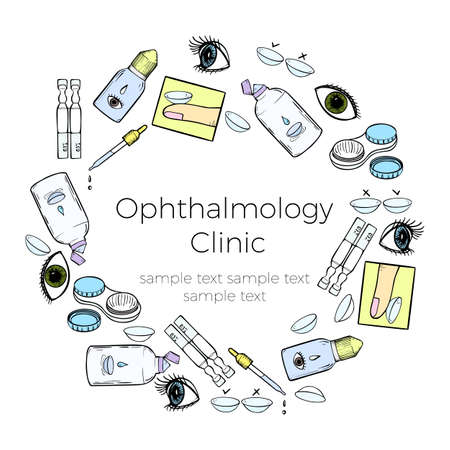 Contact lenses banner for ophthalmology clinic or lenses shop advertising. Vector design template with cartoon eyes, lenses and health care products.のイラスト素材