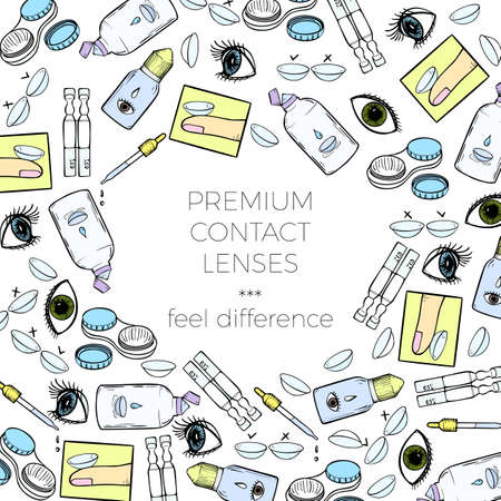Contact lenses banner for ophthalmology clinic or lenses shop advertising. Vector design template with cartoon eyes, lenses and health care products.のイラスト素材
