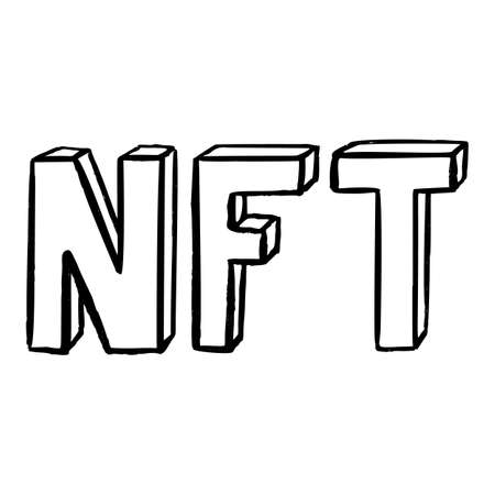 NFT non fungible token text sketch icon. Cryptocurrency art collection trendy technology. Hand drawn crypto design element.のイラスト素材
