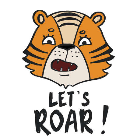 Hand drawn tiger sketch illustration. Baby and child print for t-shirt, apparel or home decor. Roar and wild doodle tiger face.のイラスト素材