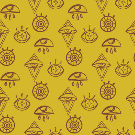 Doodle Psychedelic Eyes Seamless Pattern. Boho Occult Wallpaper and textile surface background.のイラスト素材