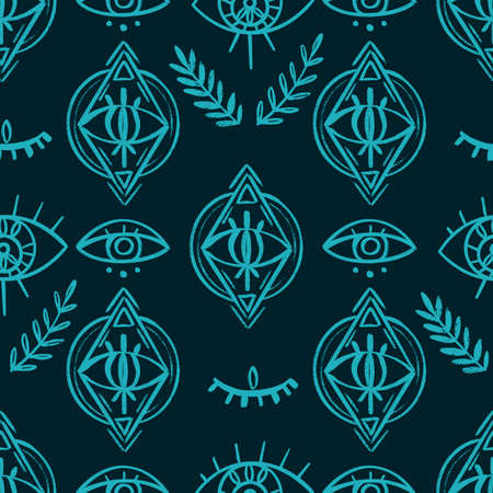 Doodle Psychedelic Eyes Seamless Pattern. Boho Occult Wallpaper and textile surface background.のイラスト素材