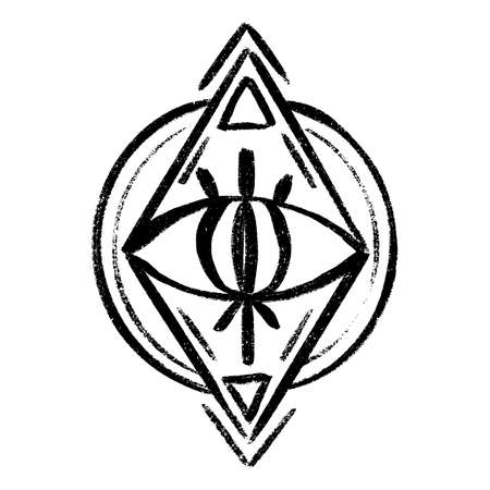 Doodle Eyes hand drawn set. Mystic Symbols Boho collection. Evil Eye, Crescent moon and crystals art.のイラスト素材