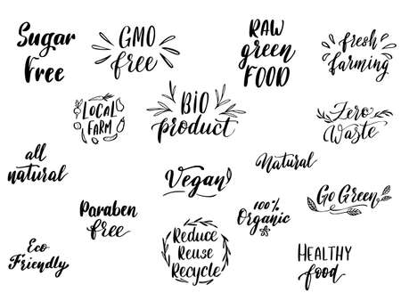 Vector eco and organic food restaurant badge or sign. Fresh farm product menu template. Hand drawn lettering sign for locally grown vegetarian food market.のイラスト素材