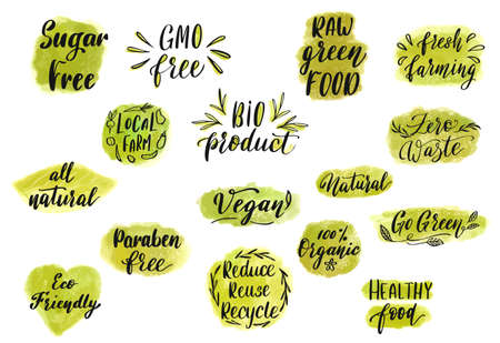 Vector eco and organic food restaurant badge or sign. Fresh farm product menu template. Hand drawn lettering sign for locally grown vegetarian food market.のイラスト素材