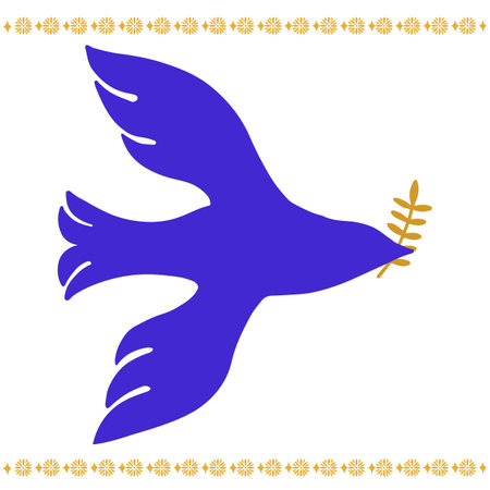 Dove of Peace hand drawn simple emblem. Blue and yellow pigeon with laurel.のイラスト素材