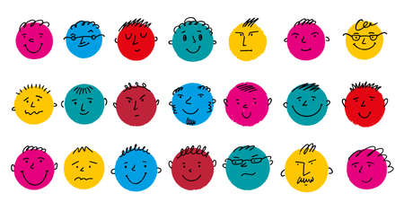 Round comic Faces with various Emotions. Childish crayon drawing style. Different colorful characters. Cartoon Flat design. Hand drawn emotional stickers set.のイラスト素材