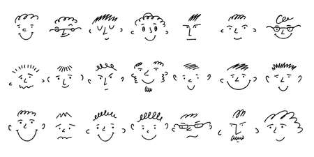 Sketch Funny Faces emotions collection. Childish crayon style drawing different people heads.のイラスト素材