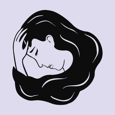 Woman feels unhappy, crying, depressive mood. Hand drawn vector illustration of person with panic or mental disorder. Anxiety, depression, stress, headache.のイラスト素材