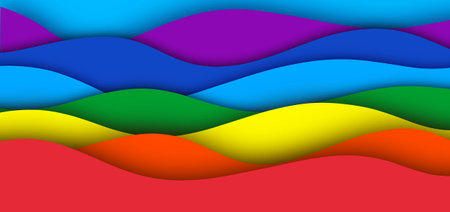Abstract rainbow paper cut design. Multicoloured layered horizontal banner. Pride month background.の写真素材