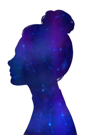 Woman and galaxy double exposure art print.の写真素材