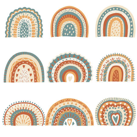 Boho Hand Drawn Cute Rainbow for Nursery Decoration. Baby Room Scandinavian Decor Element. Perfect for Baby Shower, Birthday Partyのイラスト素材