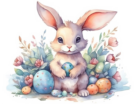 Cute Watercolor Little Easter Bunny with Spring Flowers. Watercolor Easter Illustration.の写真素材