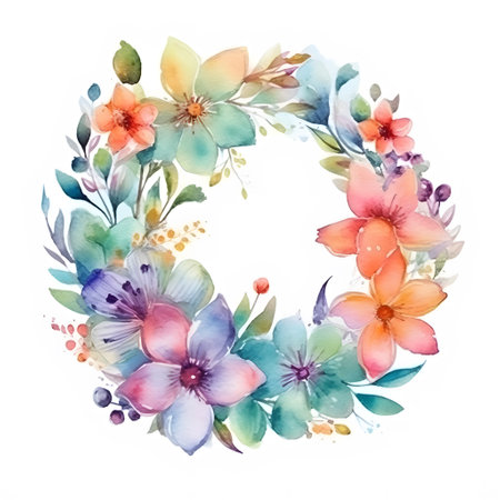 Beautiful Watercolor Spring Flowers Wreath. Watercolor Illustration for Wedding Invitations, Greeting Cards, apparel Prints. Generetive Aiの写真素材