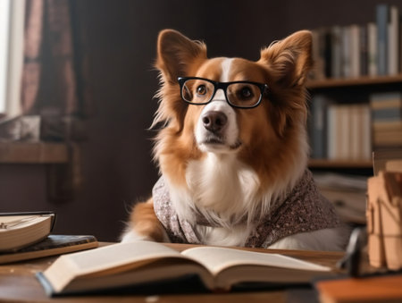 Smart Corgi Dog in Glasses is reading a Book. Book Lover Day. Generative Aiの写真素材