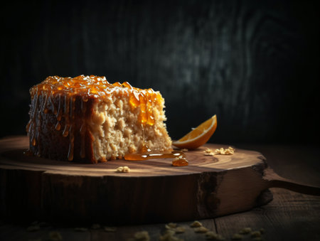 A piece of Yummy Bisquit Honey Cake on Wooden Background. Low Key Food Photo. Generative Aiの素材