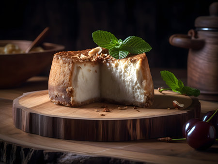 A piece of Yummy Cheesecake on Wooden Background. Low Key Food Photo. Generative Aiの素材