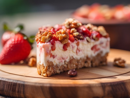 A piece of Yummy Strawberry Cheesecake on Wooden Background. Low Key Food Photo. Generative Aiの素材