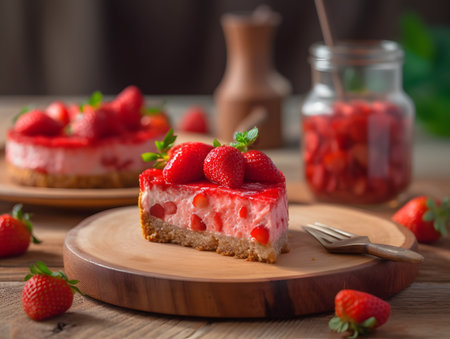 A piece of Yummy Strawberry Cheesecake on Wooden Background. Low Key Food Photo. Generative Aiの素材