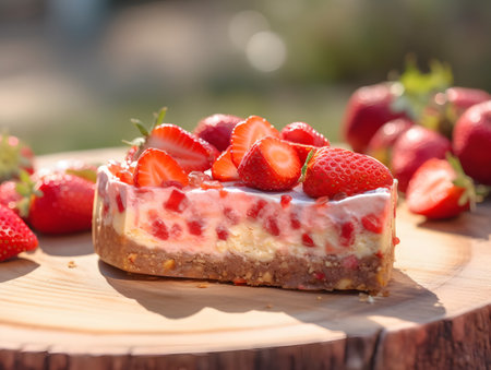 A piece of Yummy Strawberry Cheesecake on Wooden Background. Low Key Food Photo. Generative Aiの素材