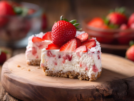 A piece of Yummy Strawberry Cheesecake on Wooden Background. Low Key Food Photo. Generative Aiの素材