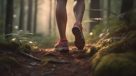 Runners Legs on Forest Trail. Fitness and Vitality Concept. Ai generatedの写真素材