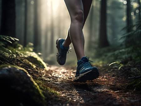 Runners Legs on Forest Trail. Fitness and Vitality Concept. Ai generatedの写真素材