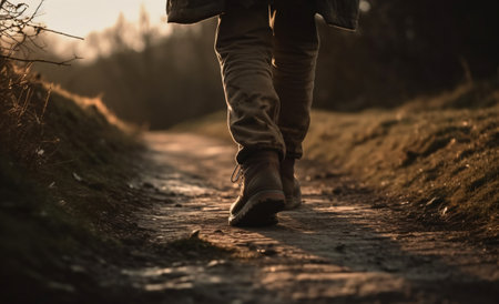 Male Traveller is Going by Nature Trail, Forest and Meadow, Golden Hour Nature Photography, Close Up Trekking Boots. Generative Aiの写真素材