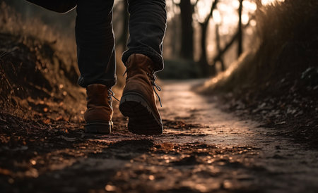 Male Traveller is Going by Nature Trail, Forest and Meadow, Golden Hour Nature Photography, Close Up Trekking Boots. Generative Aiの写真素材