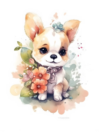 Cute Adorable Watercolor Puppy with Tender Flowers Creative Illustration. Generative Aiの写真素材