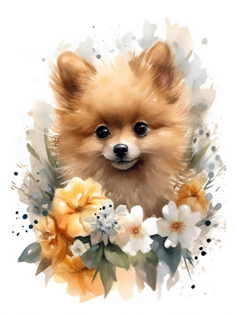 Cute Adorable Watercolor Puppy with Tender Flowers Creative Illustration. Generative Aiの写真素材