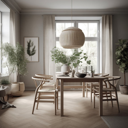Cozy Modern Dining Room Neutral Beige Scandinavian Interior. Contemporary Realistic Living Room. Ai generatedの写真素材