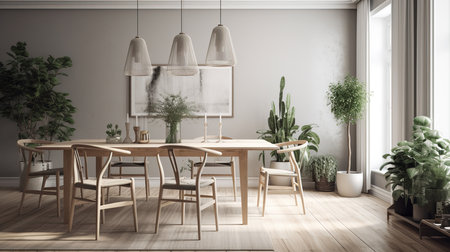 Cozy Modern Dining Room Neutral Beige Scandinavian Interior. Contemporary Realistic Living Room. Ai generatedの写真素材