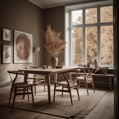 Cozy Modern Dining Room Neutral Beige Scandinavian Interior. Contemporary Realistic Living Room. Ai generatedの写真素材