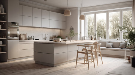 Modern Scandinavian Kitchen Interior. Contemporary Inspirational Living Space. Photorealistic Ai generatedの写真素材