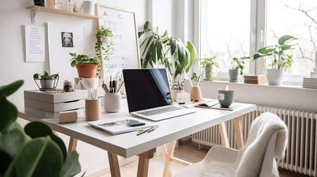 Cozy Modern Home Workspace Neutral Beige Scandinavian Interior. Contemporary Realistic Living Room. Ai generatedの写真素材