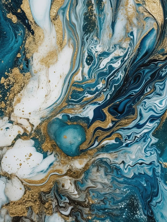 Blue and Gold Ebru Marble Painting Background. Artistic Creative Wallpaper Texture. Ai generativeの写真素材