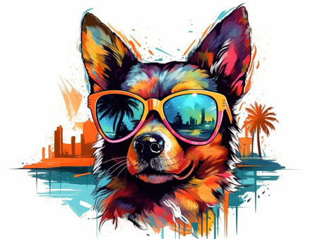 Funny Colorful Dog Portrait in Sunglasses. Trendy Sticker or T-shirt Design. Generative Aiの素材