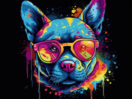 Funny Colorful Dog Portrait in Sunglasses. Trendy Sticker or T-shirt Design. Generative Aiの素材