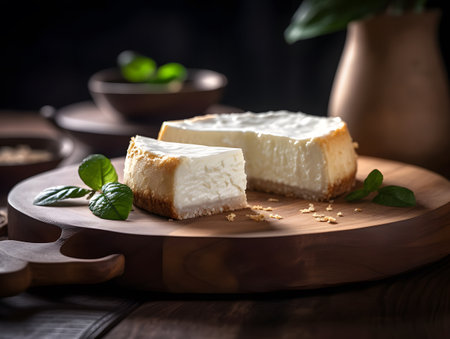 A piece of Yummy Bisquit Honey Cake on Wooden Background. Low Key Food Photo. Generative Aiの素材
