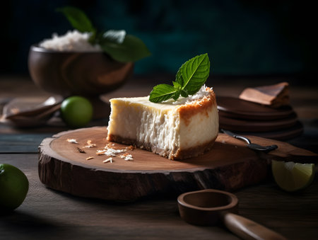 A piece of Yummy Bisquit Honey Cake on Wooden Background. Low Key Food Photo. Generative Aiの素材