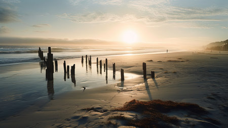Beautiful Seascape in Morning. Inspirational Nature Background with Calm Sea and Empty Beach. Ai generativeの素材