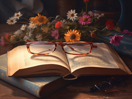 Open Book with Reading Glasses and Tender Flowers. Reading and Day of Book Concept. Ai generatedの素材