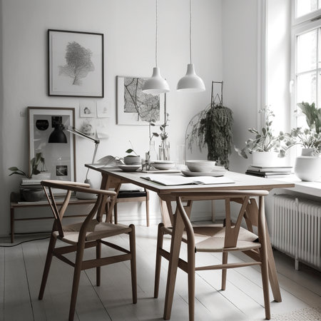 Cozy Modern Dining Room Neutral Beige Scandinavian Interior. Contemporary Realistic Living Room. Ai generatedの素材