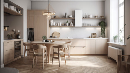Modern Scandinavian Kitchen Interior. Contemporary Inspirational Living Space. Photorealistic Ai generatedの素材