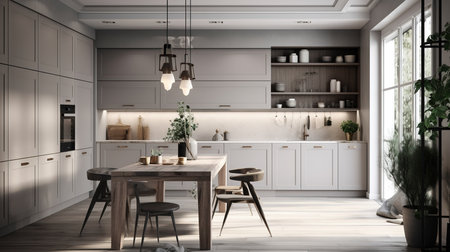 Modern Scandinavian Kitchen Interior. Contemporary Inspirational Living Space. Photorealistic Ai generatedの素材