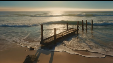 Beautiful Seascape in Morning. Inspirational Nature Background with Calm Sea and Empty Beach. Ai generativeの素材